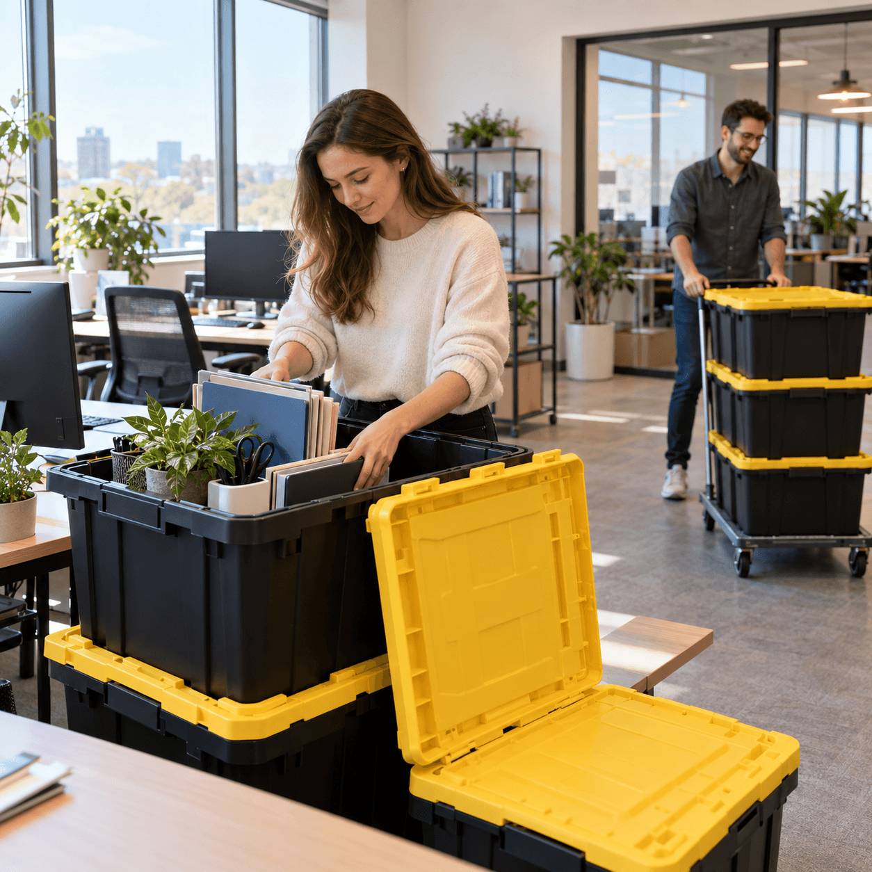 Office workers packing files and plants into black and yellow reusable moving totes